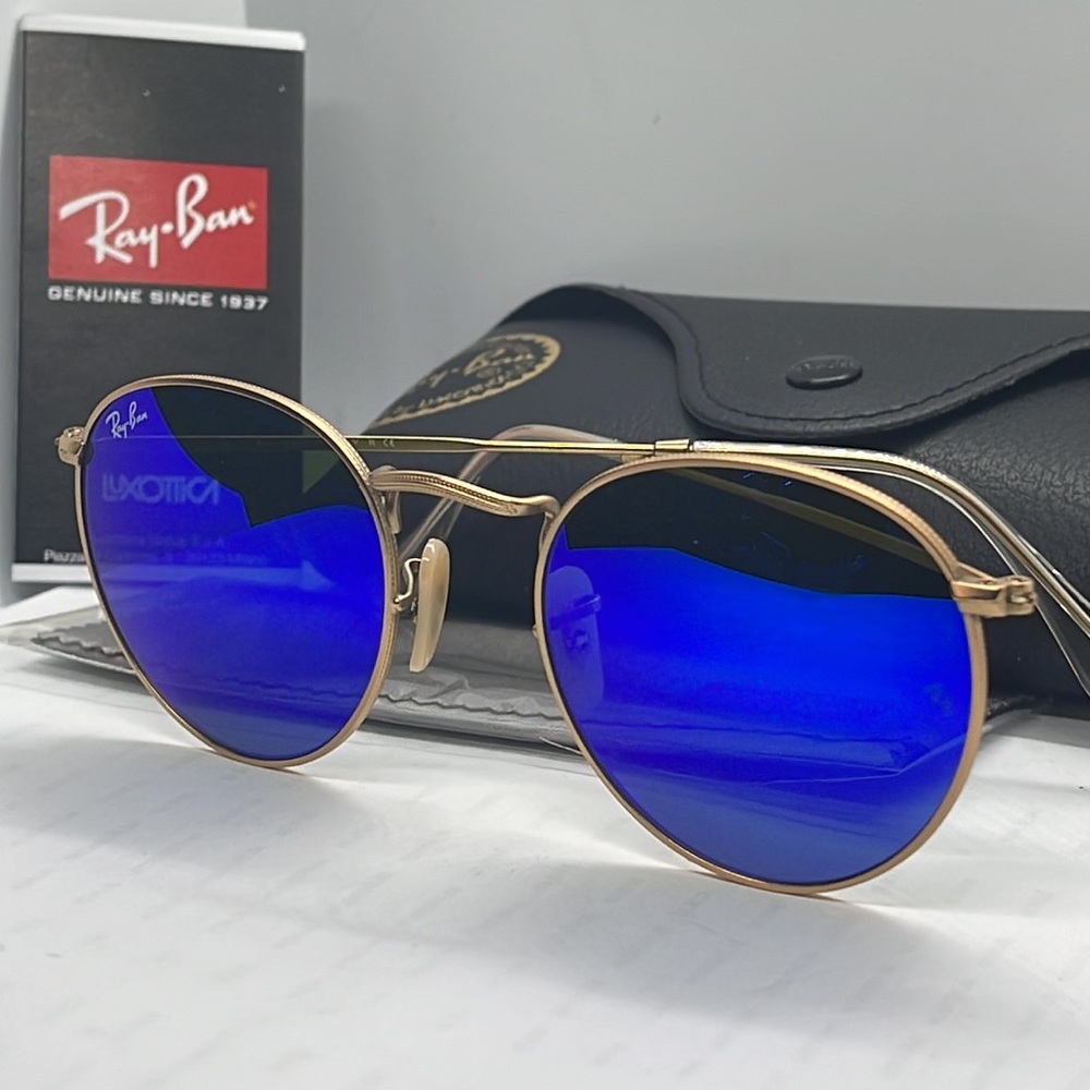 BNWT Rayban Round RB3447 Gold/Blue mirror 50-21-145 - Picture 2 of 9